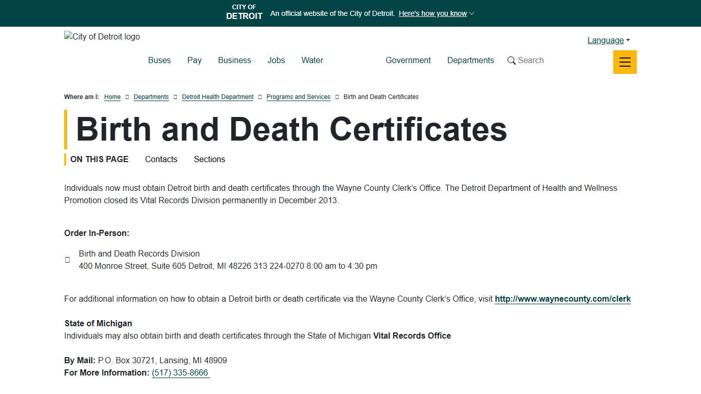 Birth and Death Certificates | City of Detroit
